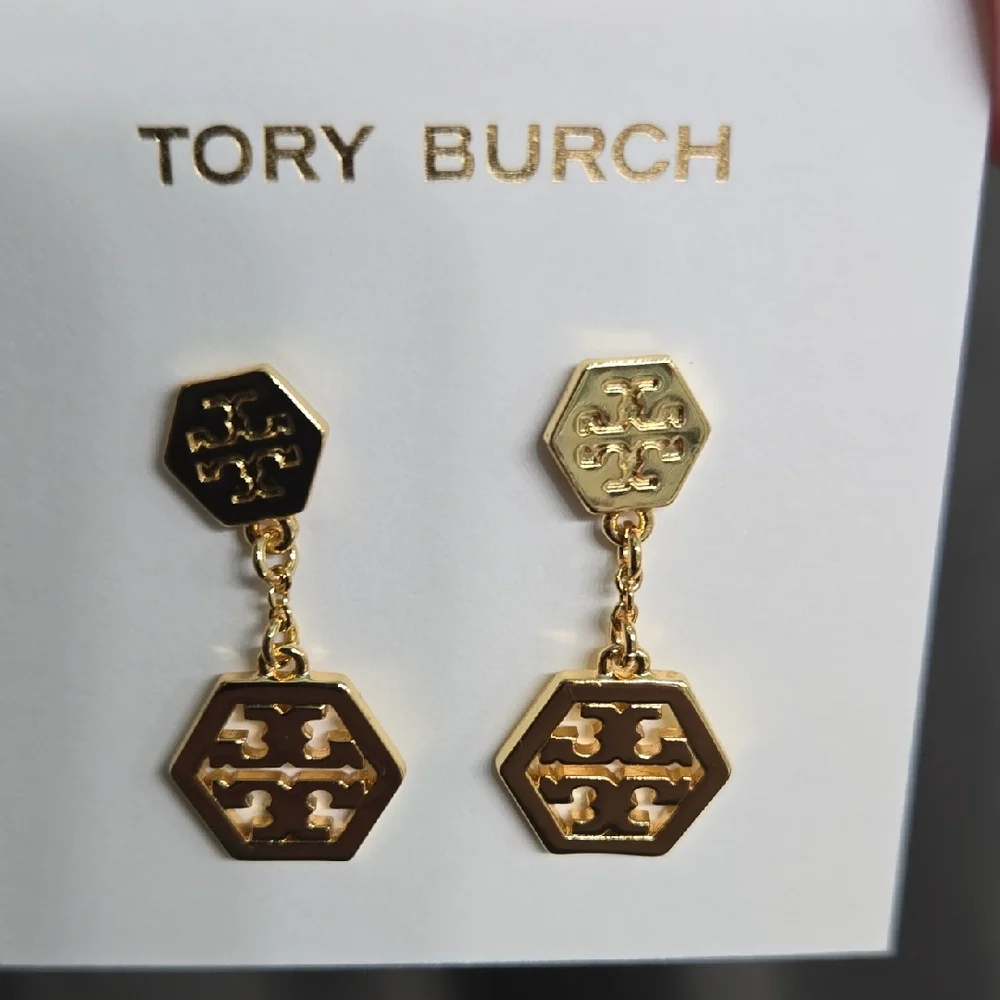 Tory Burch Gold Hexagon Drop Earrings NWOT - Picture 5 of 5